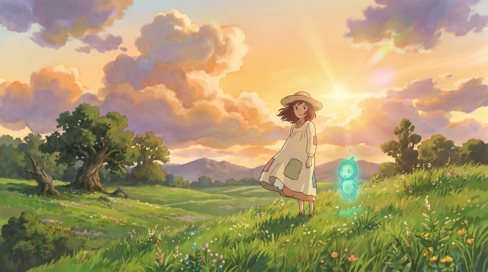 A girl beside a glowing forest spirit in a hand-painted windswept meadow