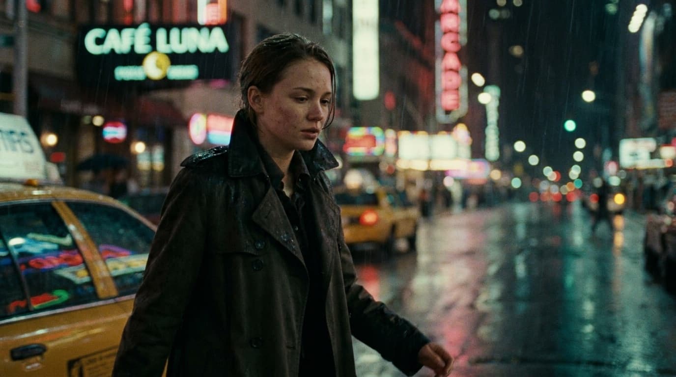 A woman in a trench coat on a rain-slicked neon-lit city street at night — a photoreal cinematic film still