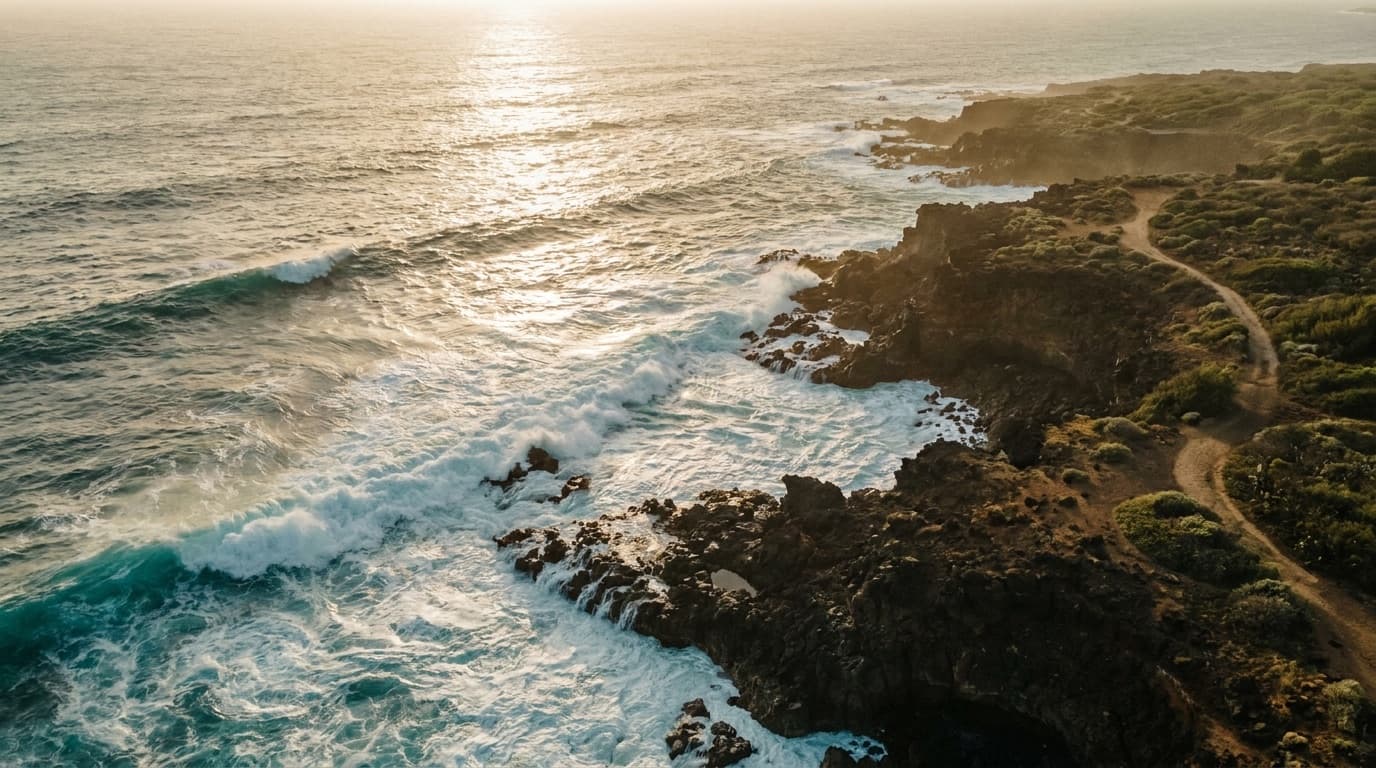 An aerial view of turquoise waves crashing on a rugged coastline at sunset — photoreal travel footage