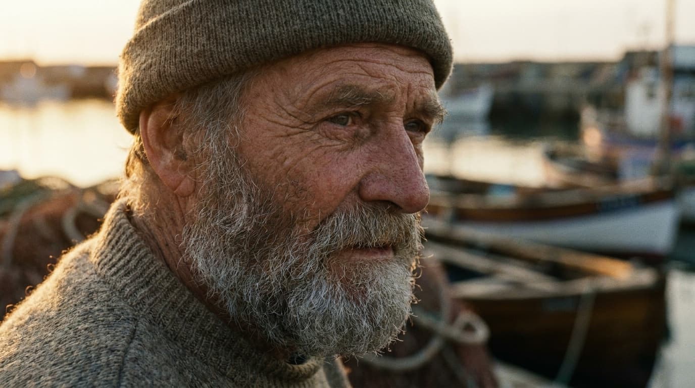 A weathered older fisherman with a grey beard at a harbour in golden light — a photoreal close-up