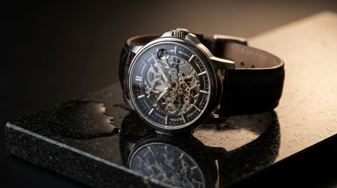 A luxury skeleton wristwatch on polished black stone under studio lighting — a photoreal commercial shot