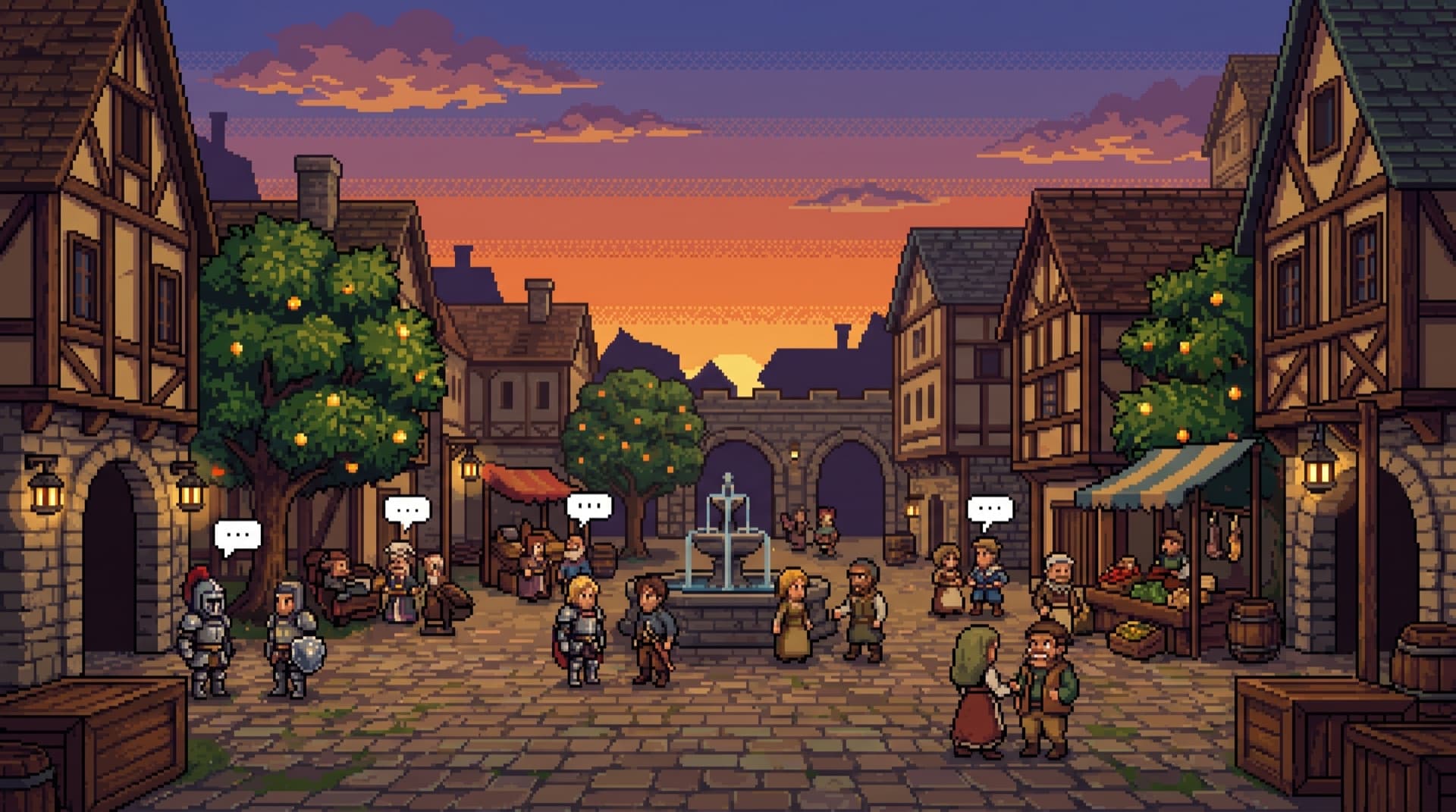 A lush retro pixel-art RPG town square glowing at sunset