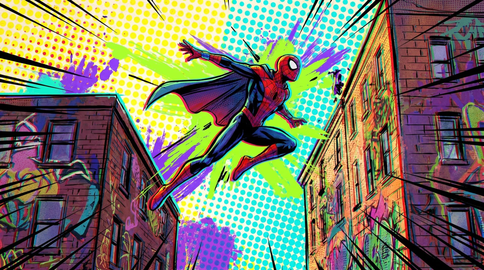 A masked hero leaping between buildings in a bold halftone comic-book style