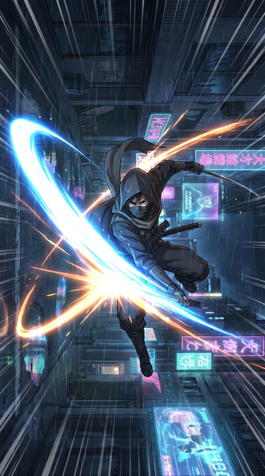 A swordsman unleashing a glowing slash in pouring rain at night