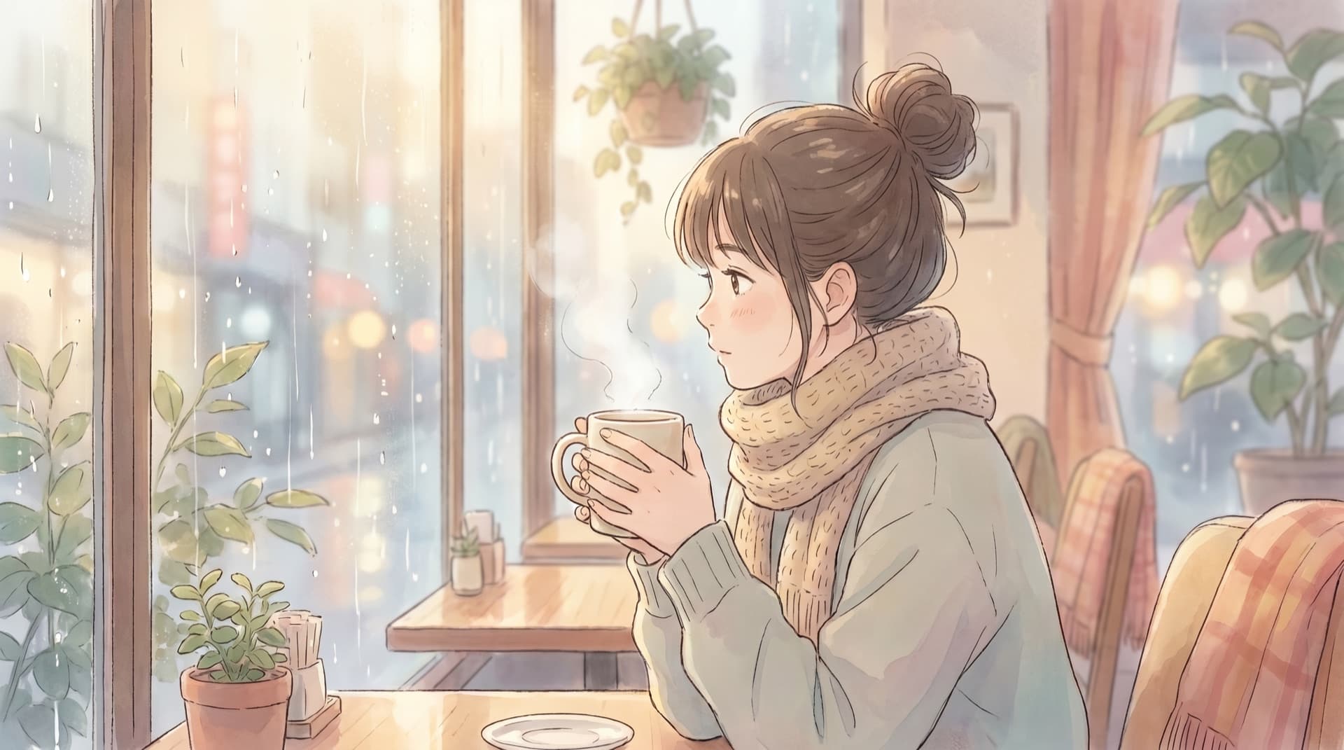 A girl with a warm cup beside a rain-streaked cafe window in morning light