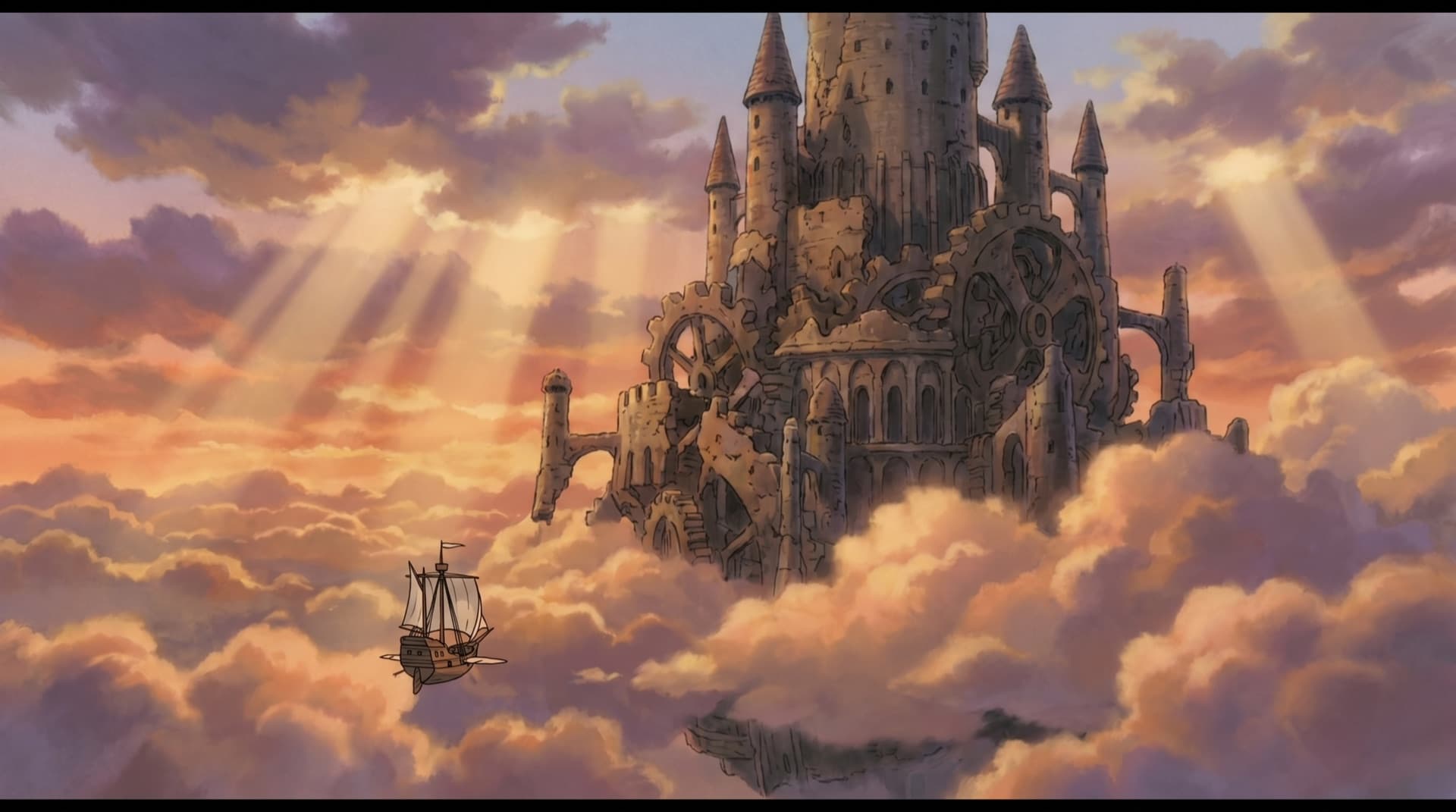 A colossal floating castle above a golden sea of clouds with a tiny airship
