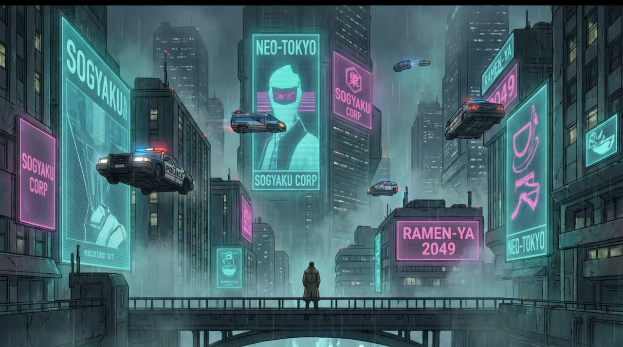 Flying vehicles drifting across a neon megacity in the rain