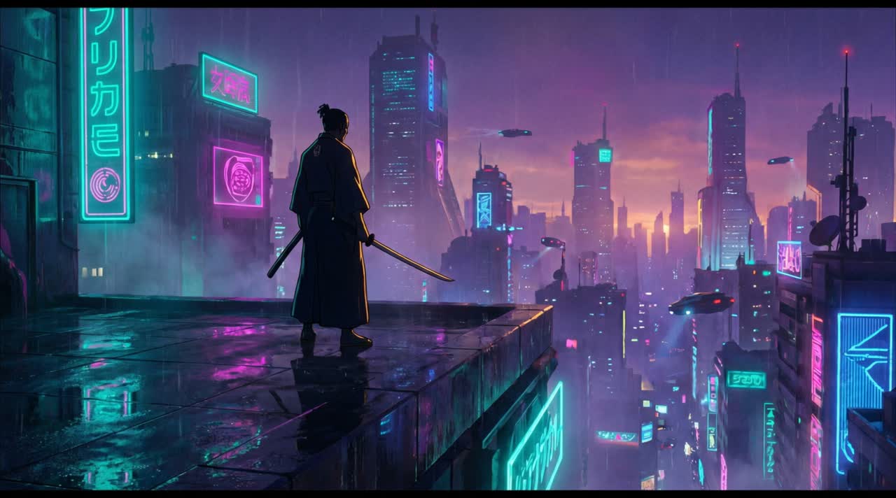 A samurai on a neon rooftop as rain drifts and city lights twinkle