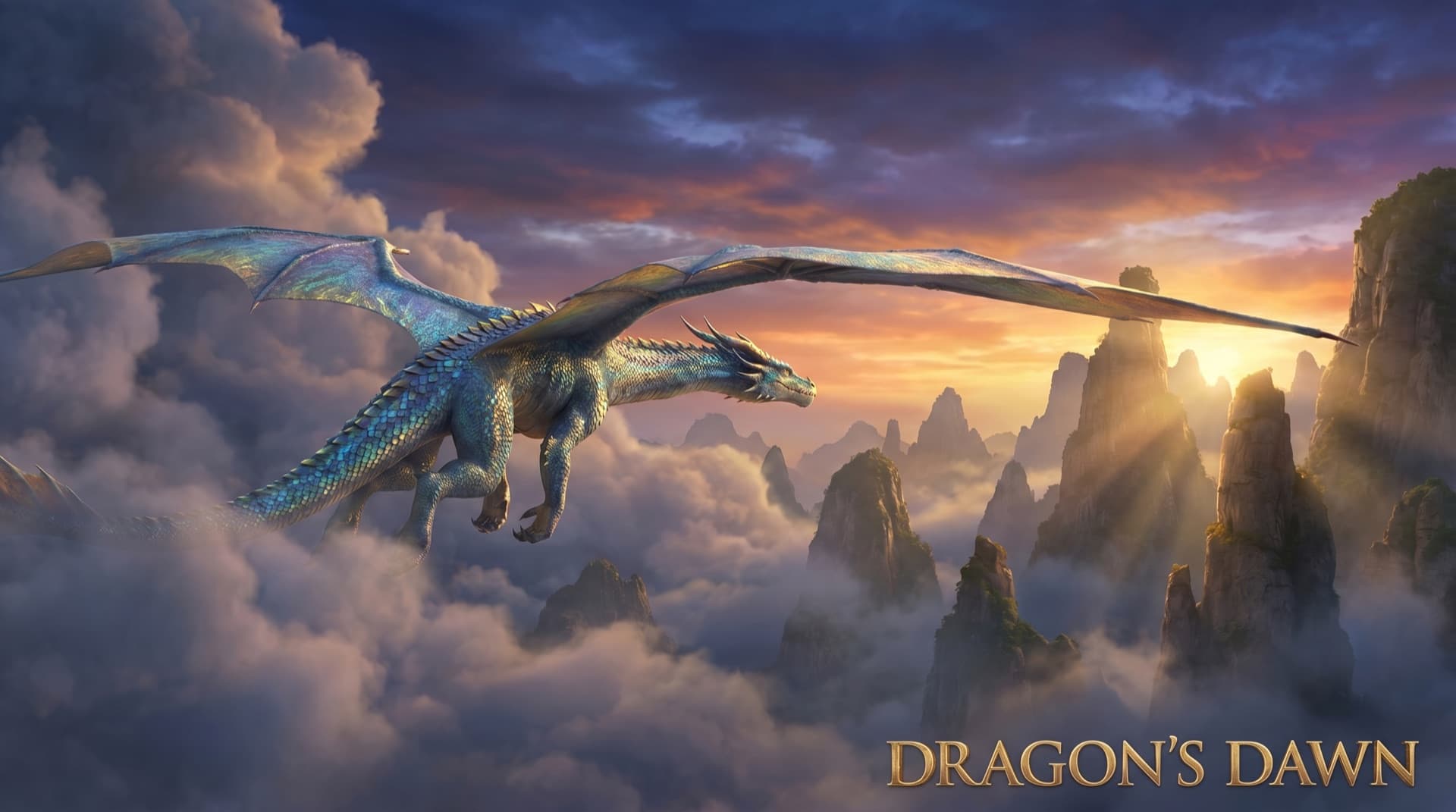 A majestic dragon gliding over misty mountain peaks at dawn in photoreal 3D