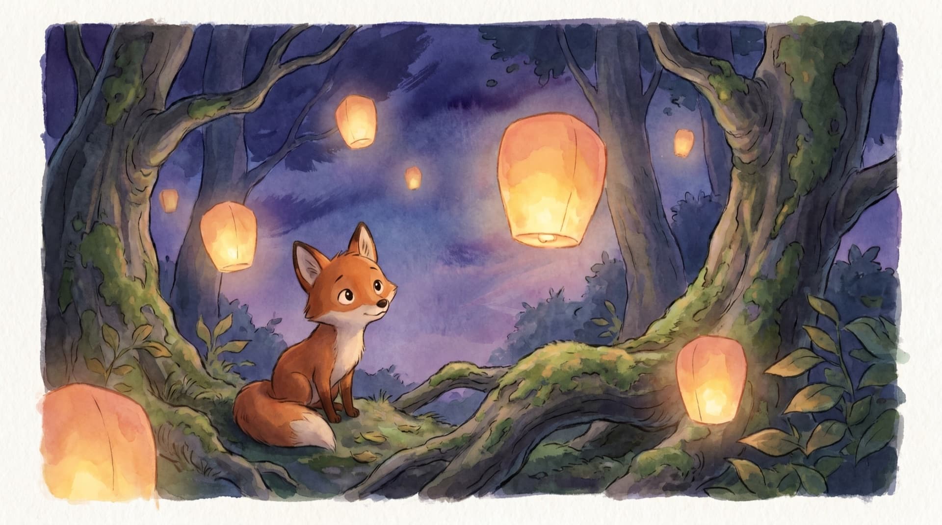 A storybook watercolor forest with a fox and floating paper lanterns at dusk